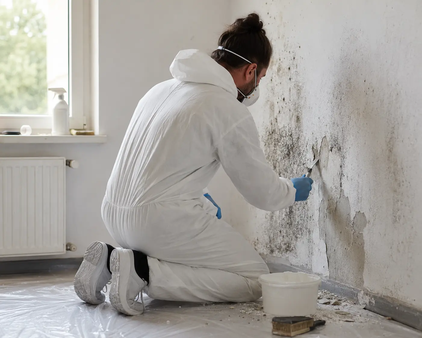 Fachgerechte Schimmel­sanierung mit Schutz­anzug und Atemschutz